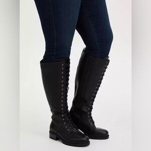 Black Faux Leather Lace-Up Knee-High Combat Boot (Wide Width) Torrid Boots, 8.5